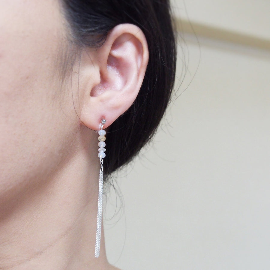 Ivory beads with silver tassel invisible clip on earrings - miyabigracejewelry.com