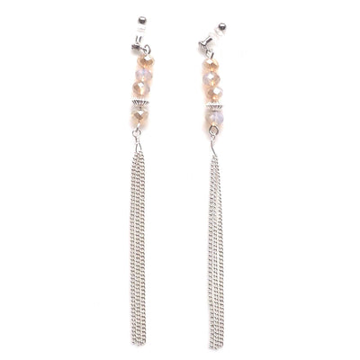 Ivory beads with silver tassel invisible clip on earrings - miyabigracejewelry.com