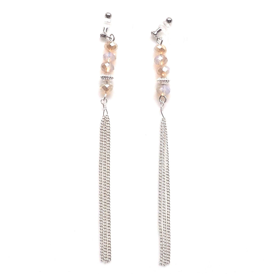 Ivory beads with silver tassel invisible clip on earrings - miyabigracejewelry.com