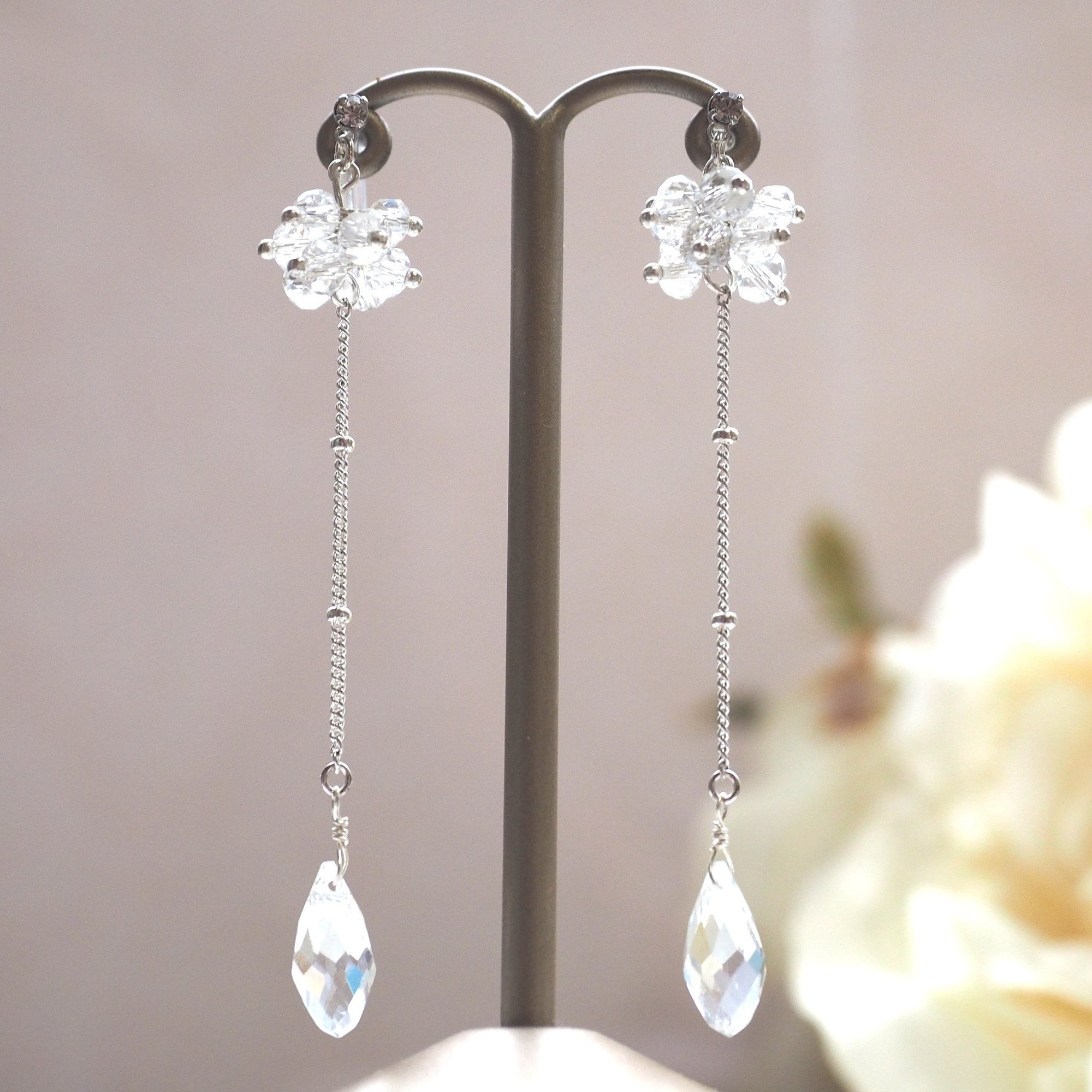 Dangle crystal beaded invisible clip on earrings - miyabigracejewelry.com