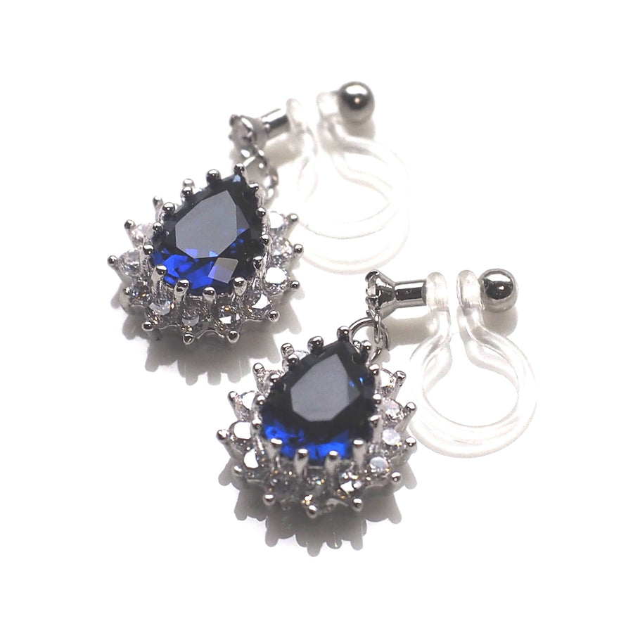 Teardrop navy blue cubic zirconia invisible clip on earrings ( silver tone ) - miyabigracejewelry.com