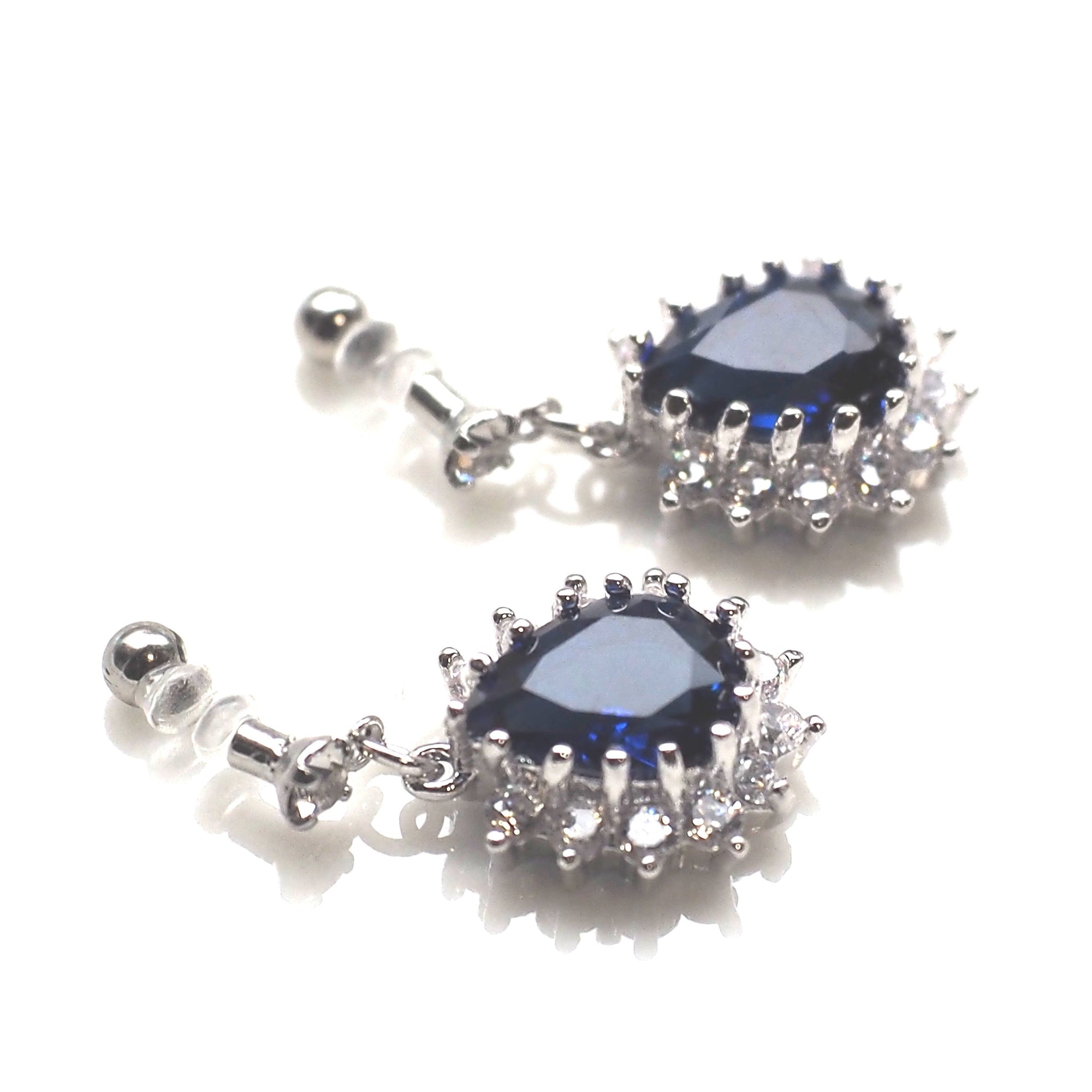 Teardrop navy blue cubic zirconia invisible clip on earrings ( silver tone ) - miyabigracejewelry.com