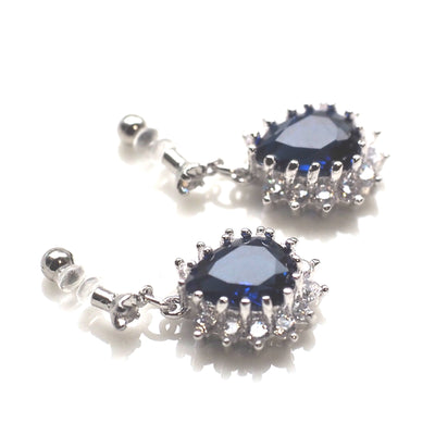 Teardrop navy blue cubic zirconia invisible clip on earrings ( silver tone ) - miyabigracejewelry.com