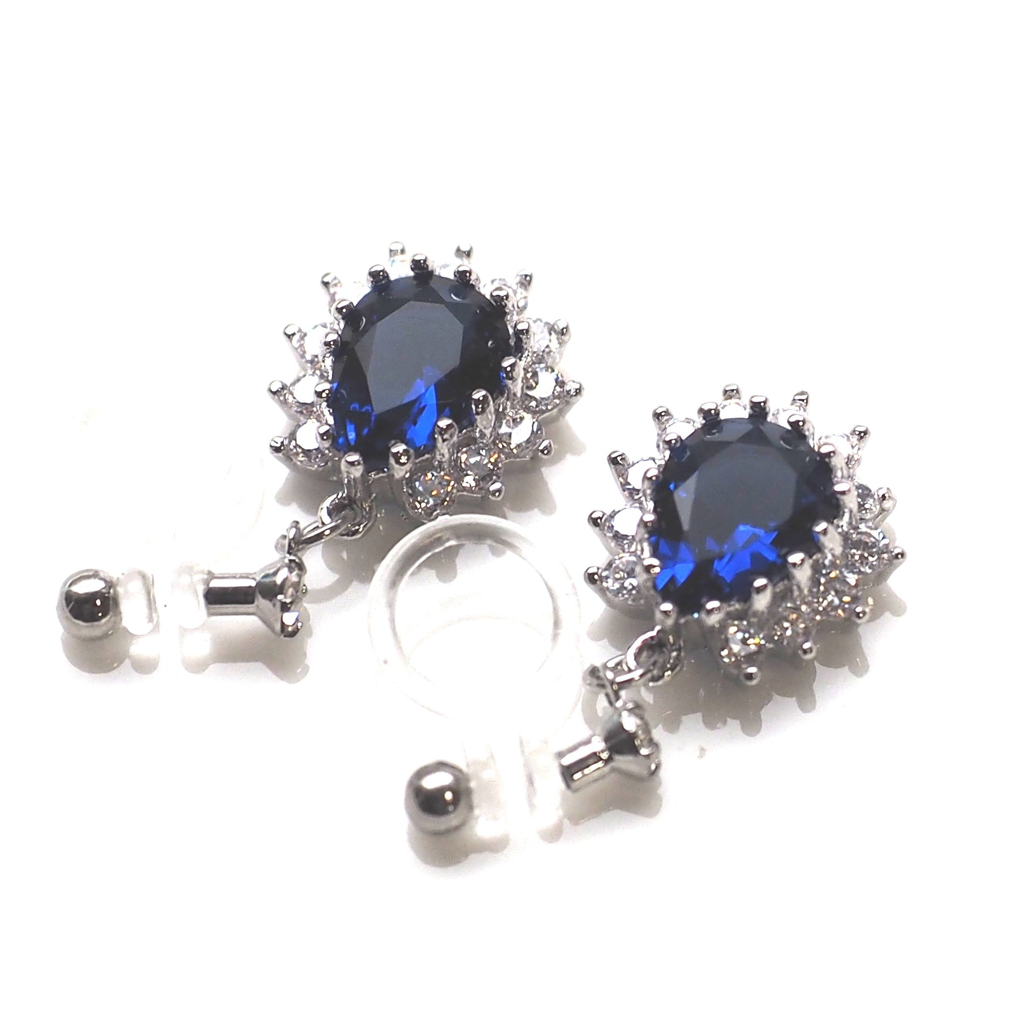 Teardrop navy blue cubic zirconia invisible clip on earrings ( silver tone ) - miyabigracejewelry.com