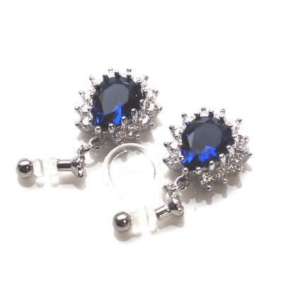 Teardrop navy blue cubic zirconia invisible clip on earrings ( silver tone ) - miyabigracejewelry.com
