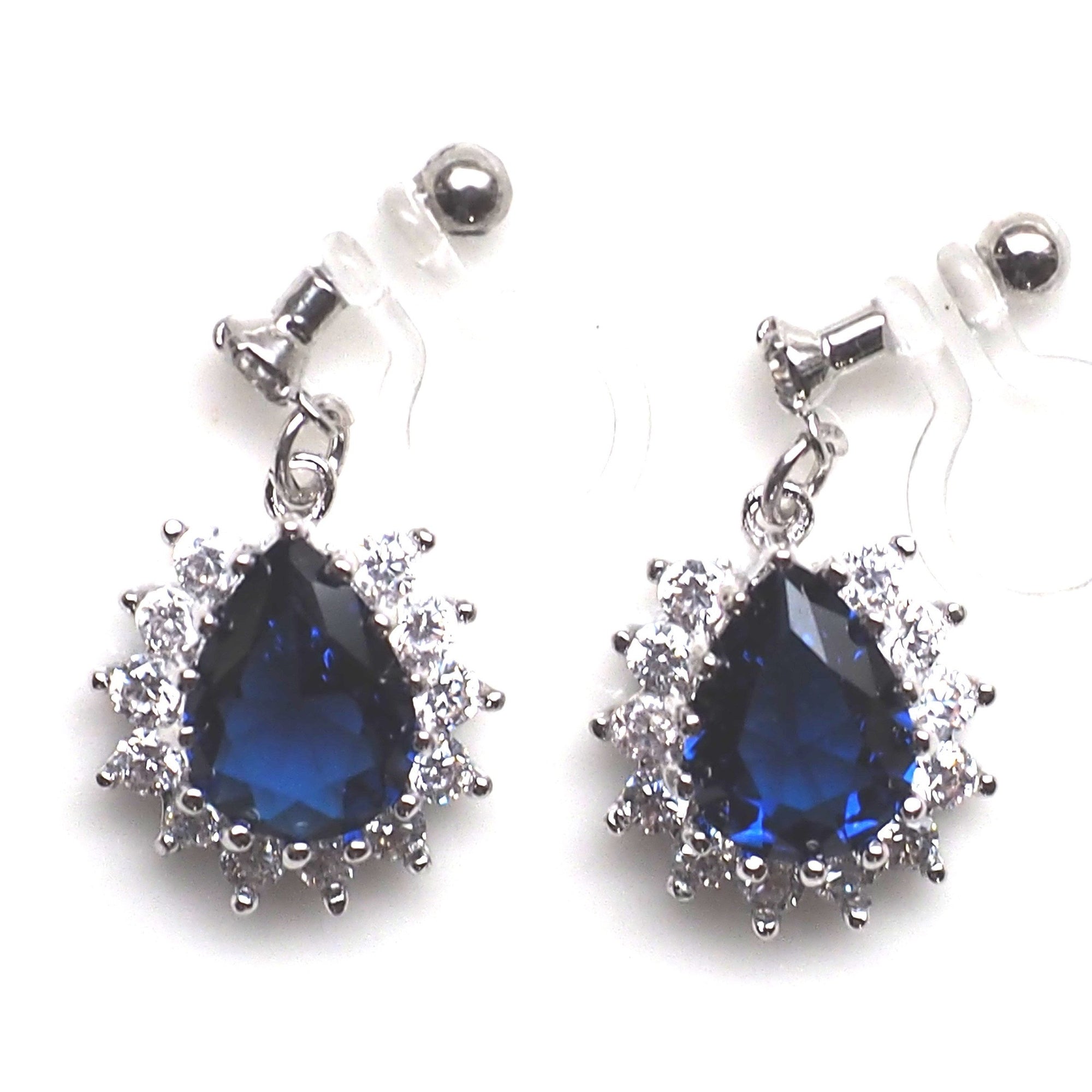 Teardrop navy blue cubic zirconia invisible clip on earrings ( silver tone ) - miyabigracejewelry.com