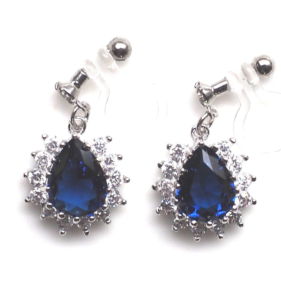Teardrop navy blue cubic zirconia invisible clip on earrings ( silver tone ) - miyabigracejewelry.com