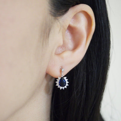 Teardrop navy blue cubic zirconia invisible clip on earrings ( silver tone ) - miyabigracejewelry.com