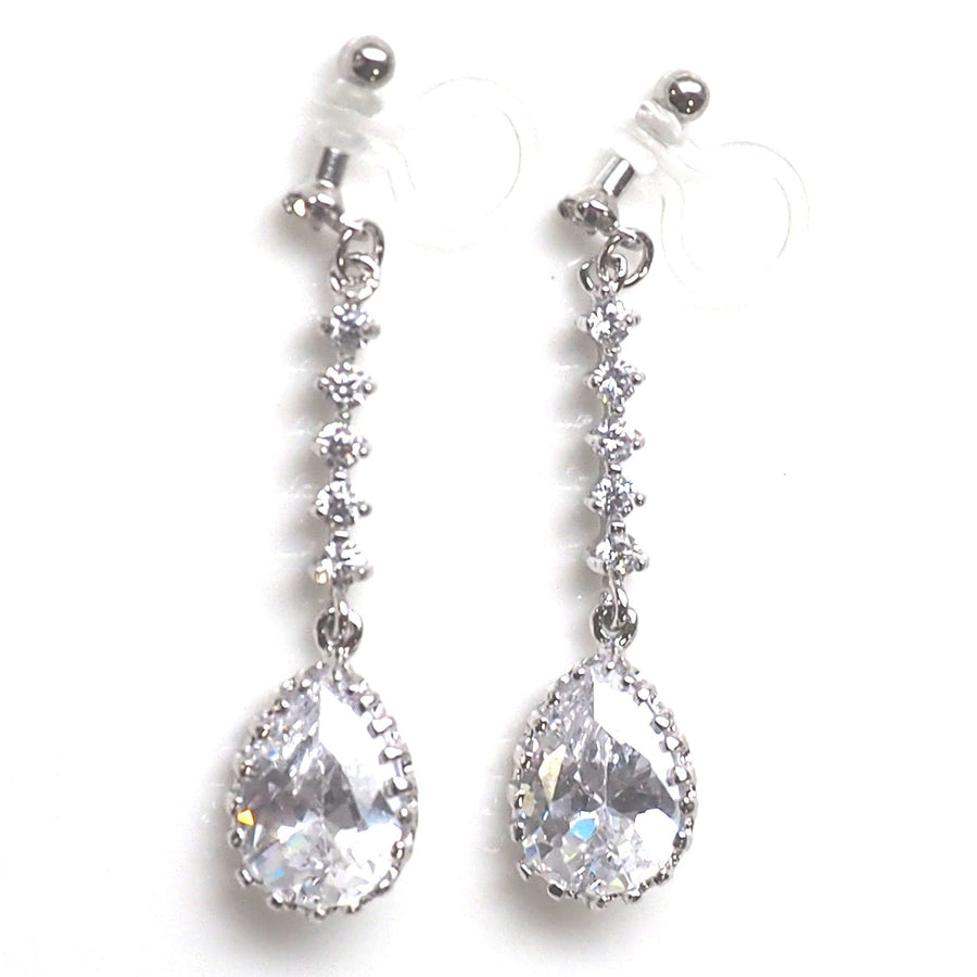 Bridal teardrop cubic zirconia invisible clip on earrings ( silver tone ) - Miyabi Grace