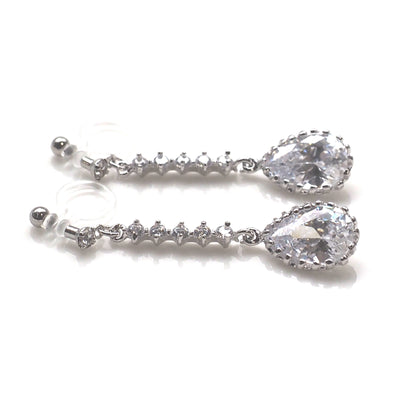 Bridal teardrop cubic zirconia invisible clip on earrings ( silver tone ) - Miyabi Grace