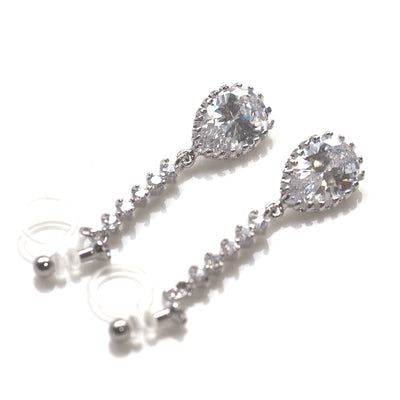 Bridal teardrop cubic zirconia invisible clip on earrings ( silver tone ) - Miyabi Grace