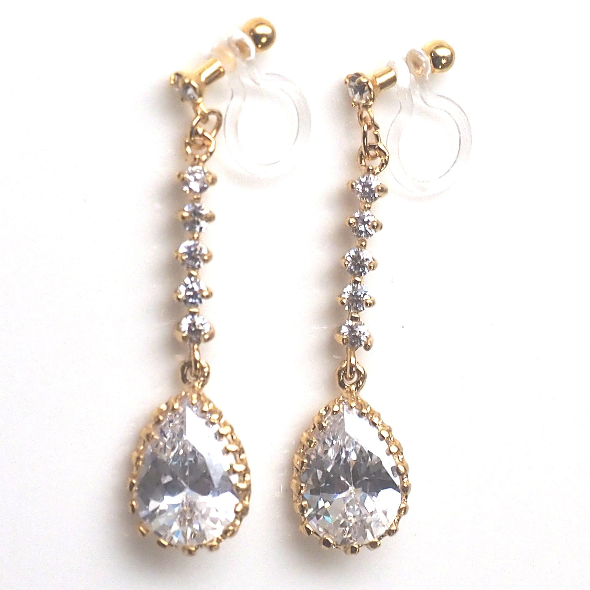 Bridal teardrop cubic zirconia invisible clip on earrings ( gold tone ) - miyabigracejewelry.com