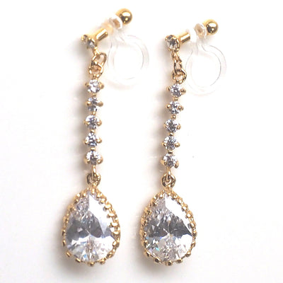 Bridal teardrop cubic zirconia invisible clip on earrings ( gold tone ) - miyabigracejewelry.com