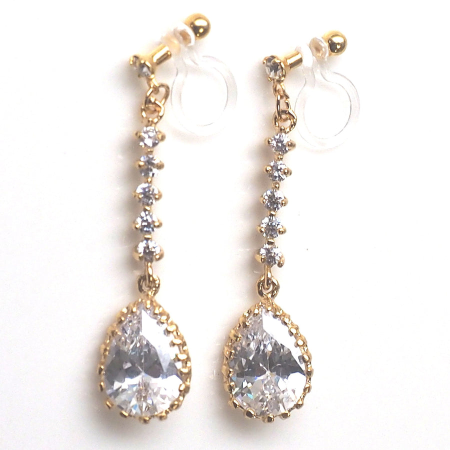 Bridal teardrop cubic zirconia invisible clip on earrings ( gold tone ) - miyabigracejewelry.com