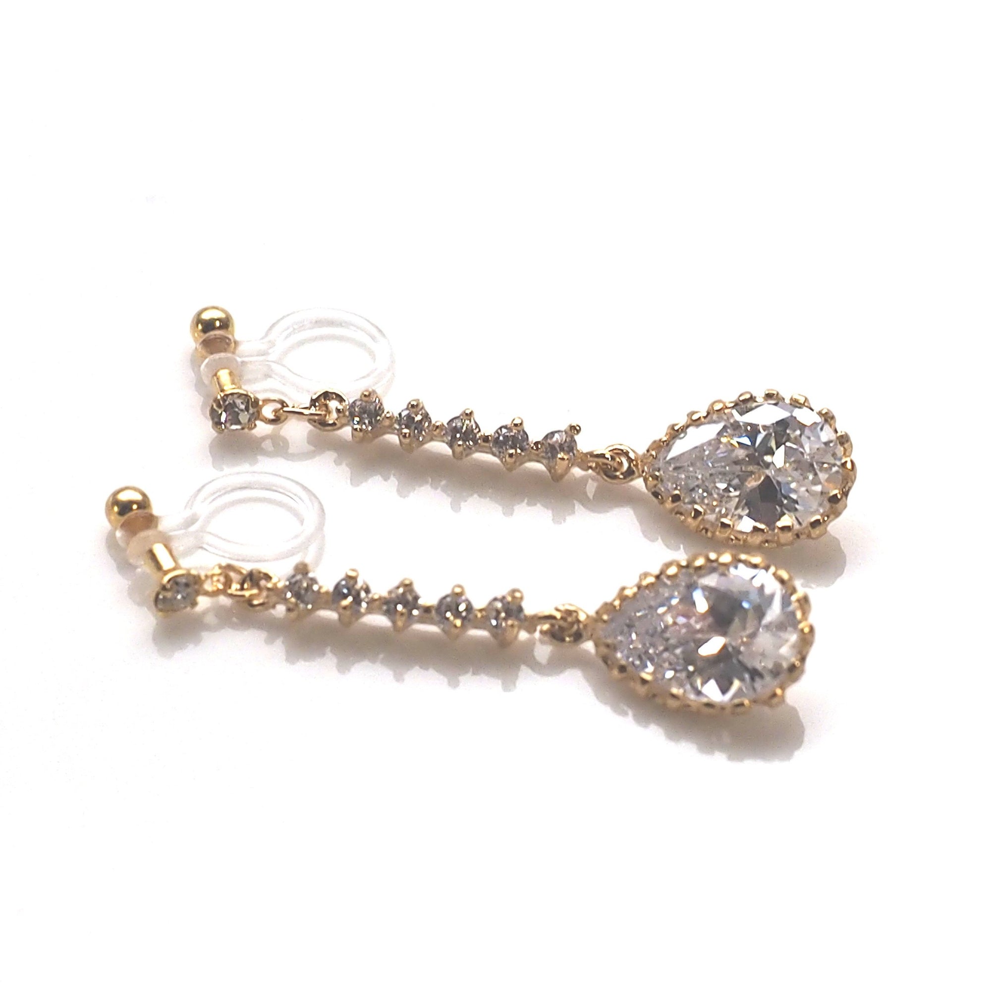 Bridal teardrop cubic zirconia invisible clip on earrings ( gold tone ) - miyabigracejewelry.com