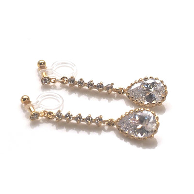 Bridal teardrop cubic zirconia invisible clip on earrings ( gold tone ) - miyabigracejewelry.com
