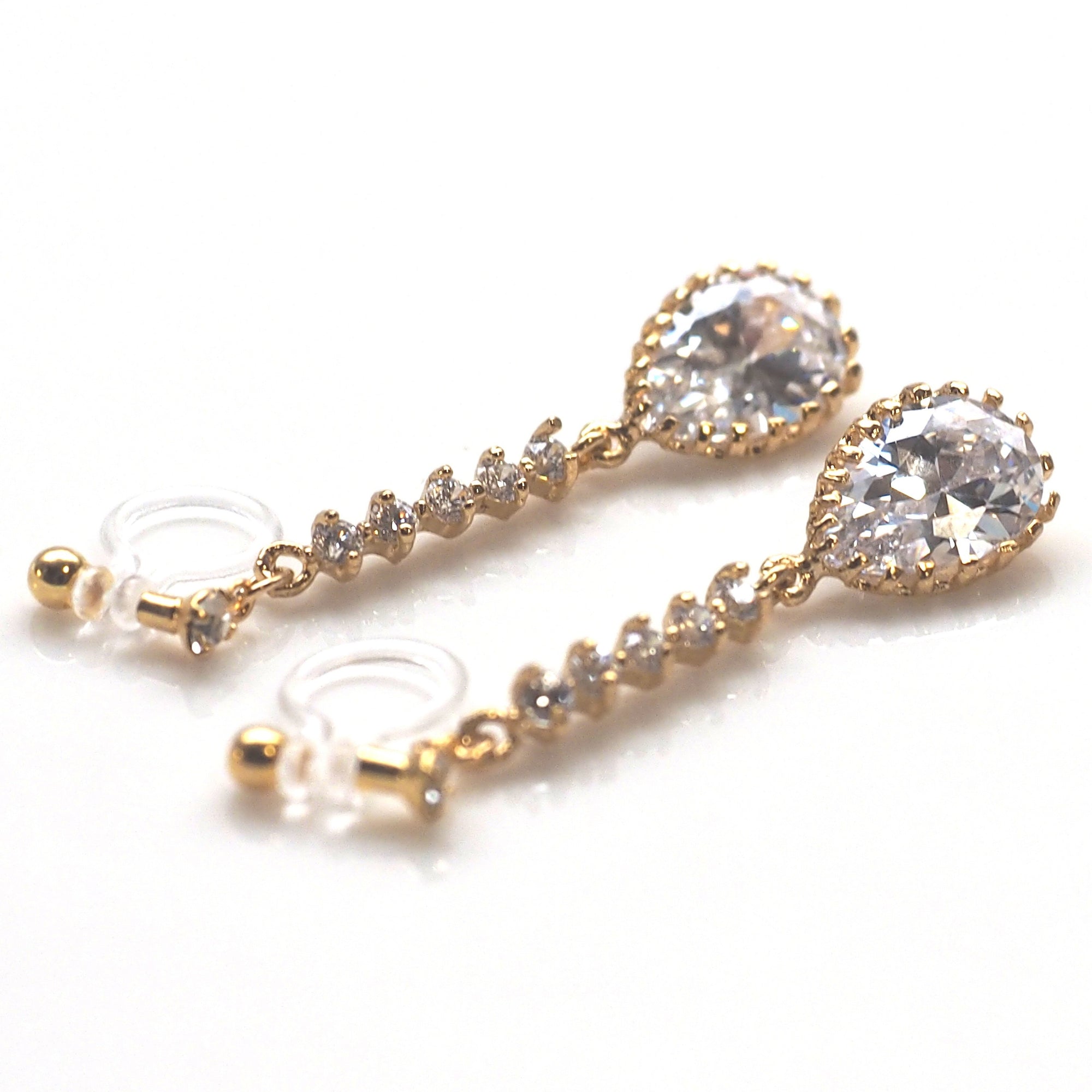 Bridal teardrop cubic zirconia invisible clip on earrings ( gold tone ) - miyabigracejewelry.com