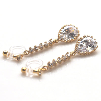Bridal teardrop cubic zirconia invisible clip on earrings ( gold tone ) - miyabigracejewelry.com