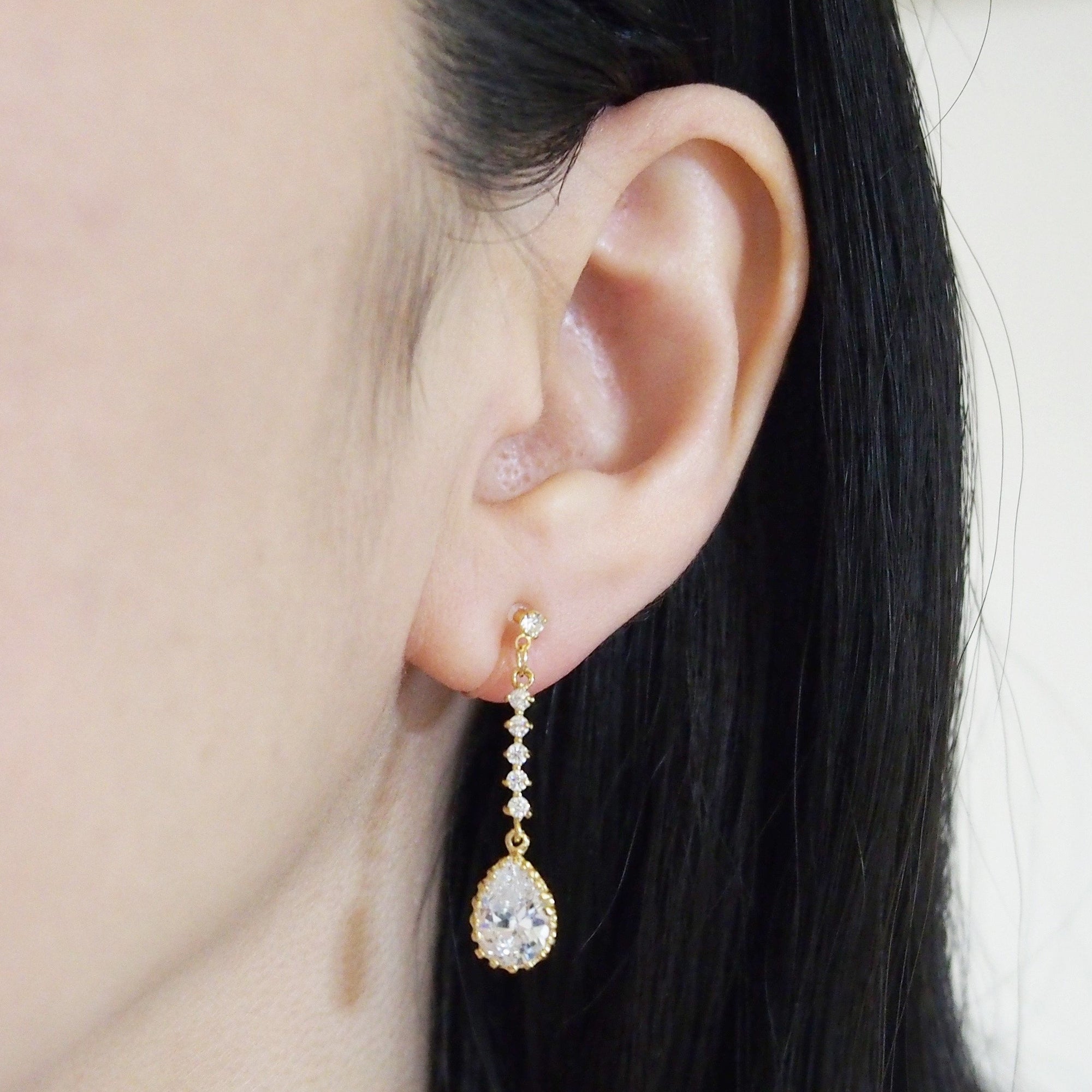 Bridal teardrop cubic zirconia invisible clip on earrings ( gold tone ) - miyabigracejewelry.com