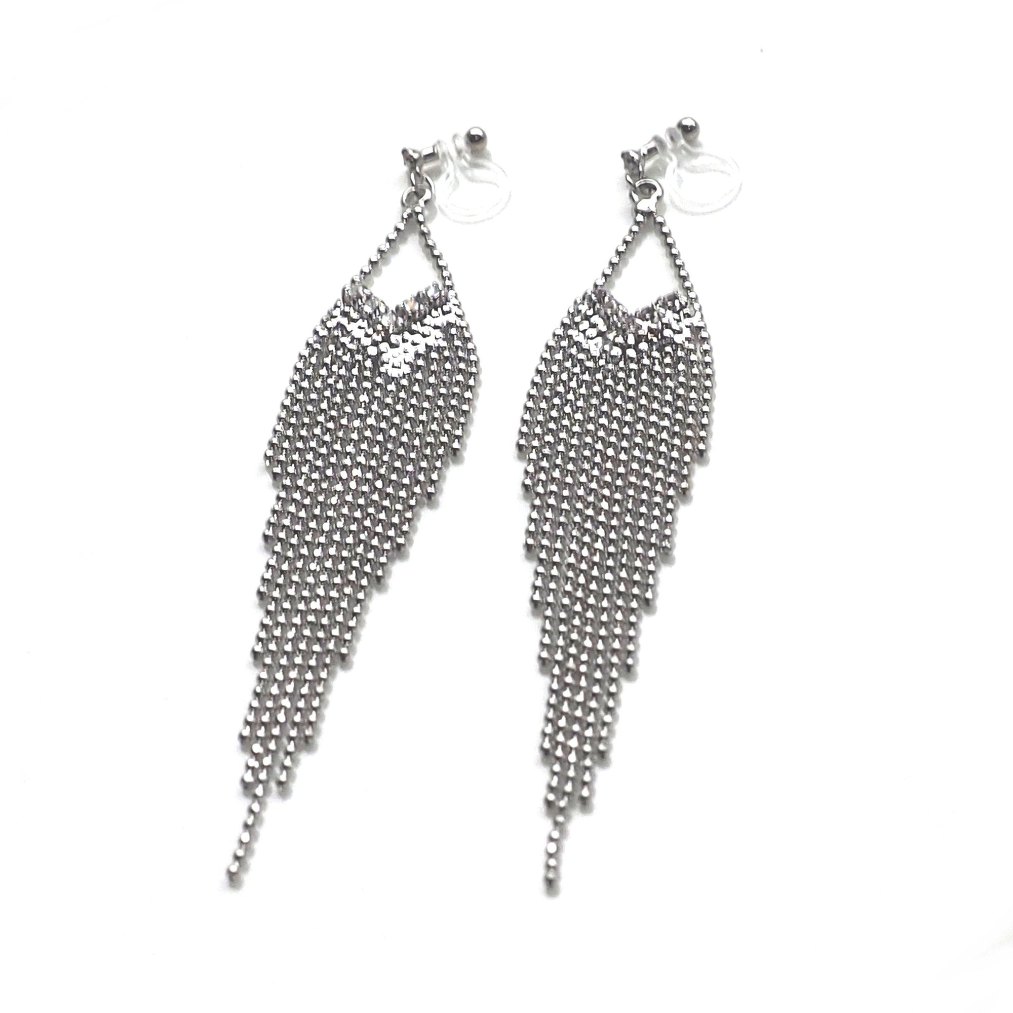 Dangle rhinestone and silver ball chain invisible clip on earrings - Miyabi Grace