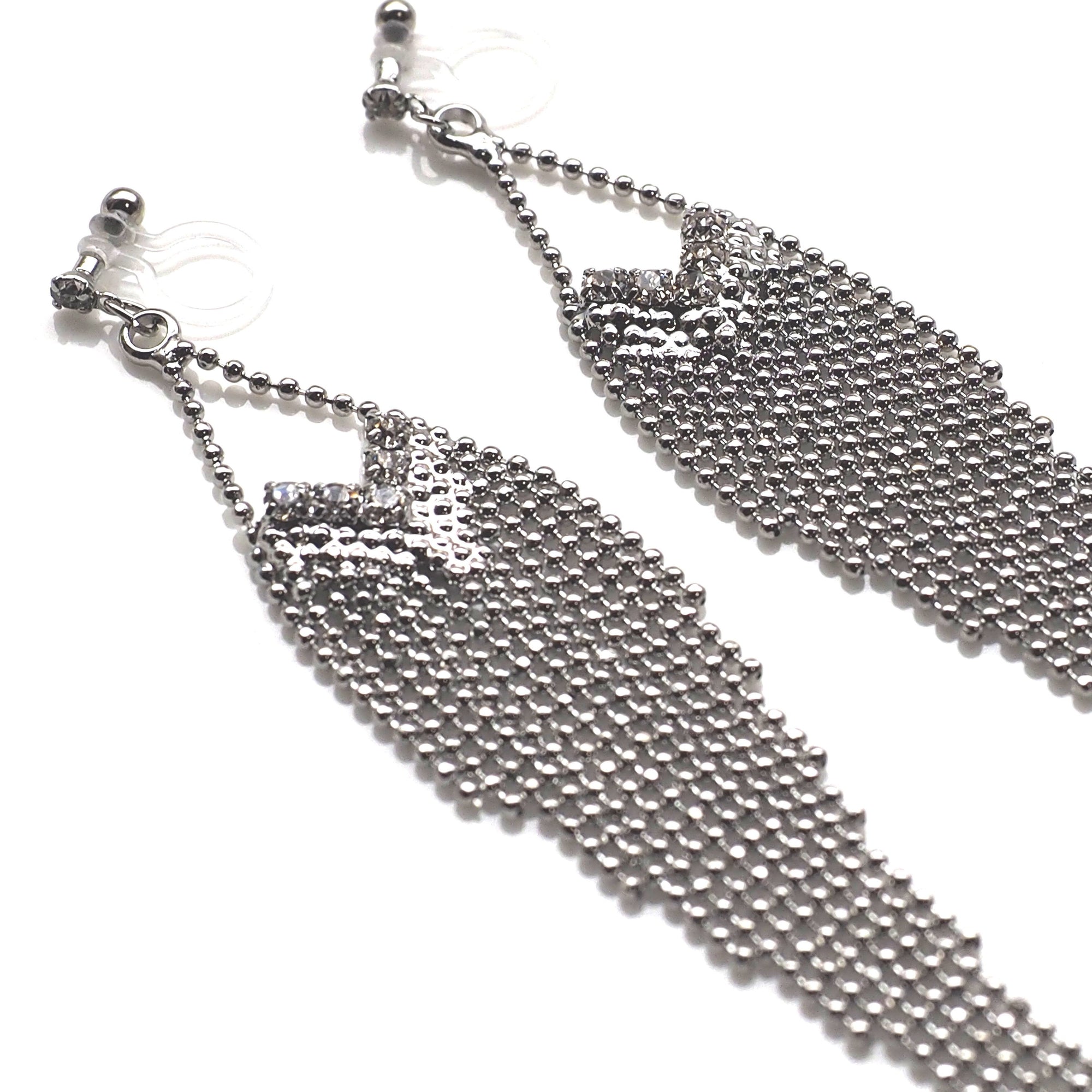 Dangle rhinestone and silver ball chain invisible clip on earrings - Miyabi Grace