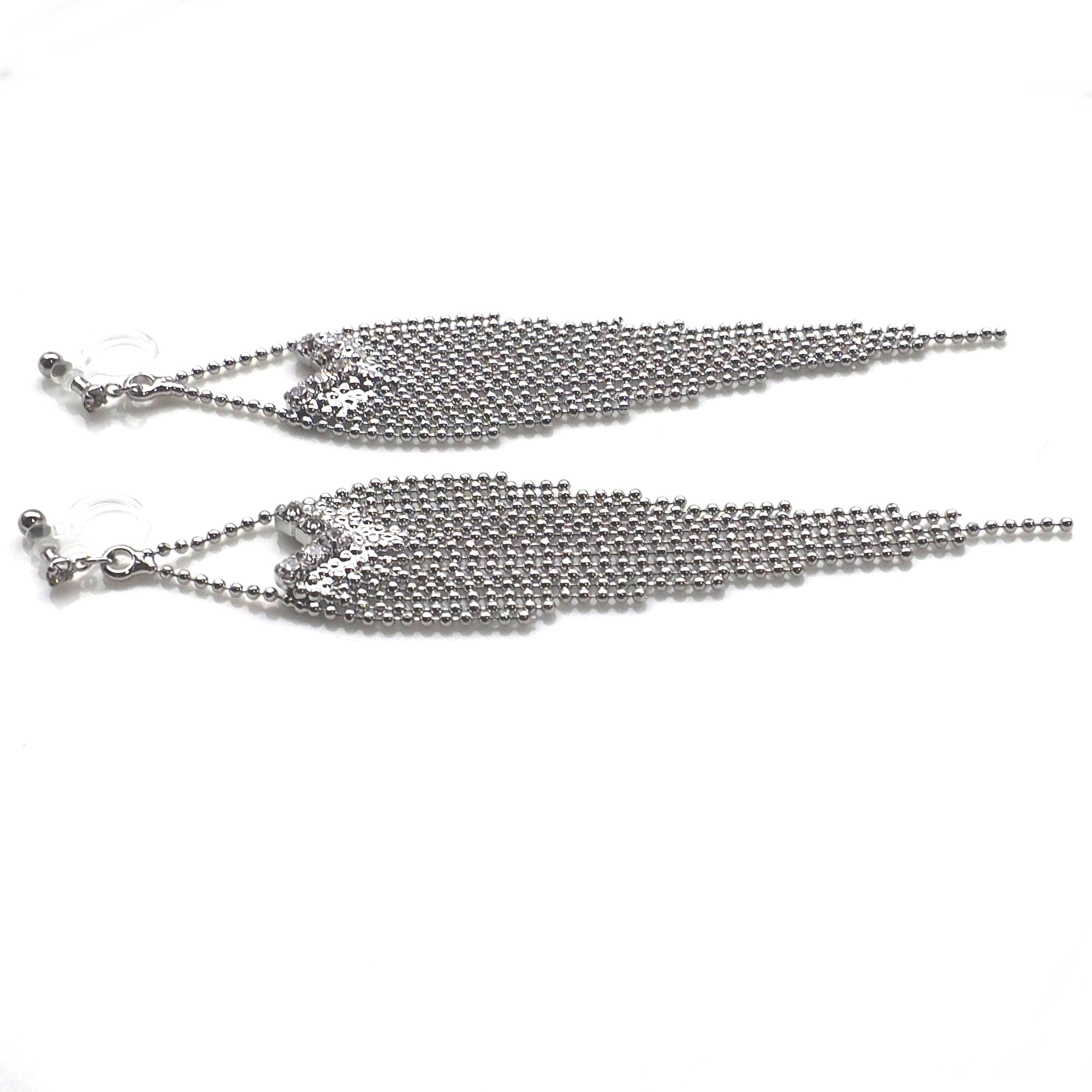 Dangle rhinestone and silver ball chain invisible clip on earrings - Miyabi Grace