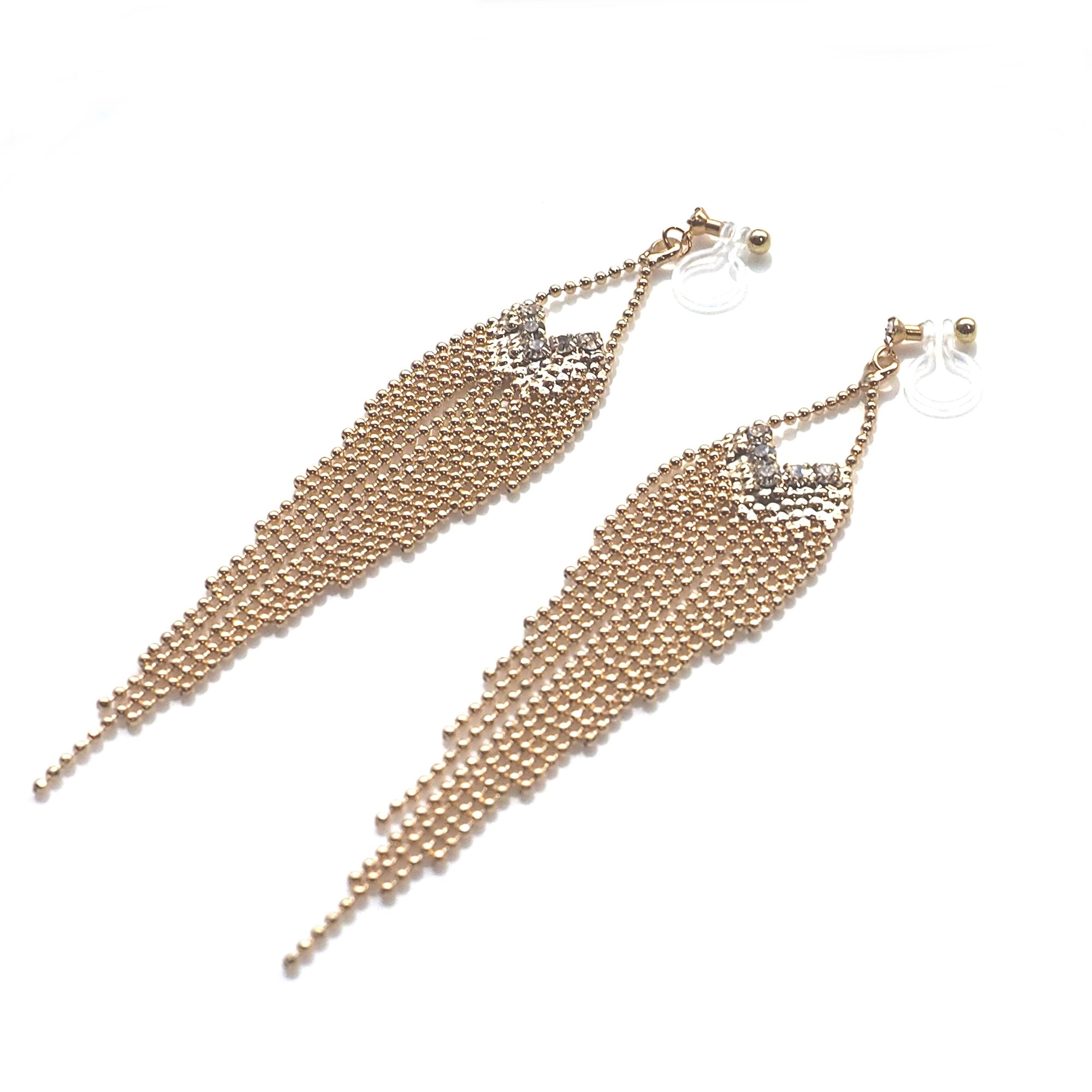 Dangle rhinestone and gold ball chain invisible clip on earrings - miyabigracejewelry.com