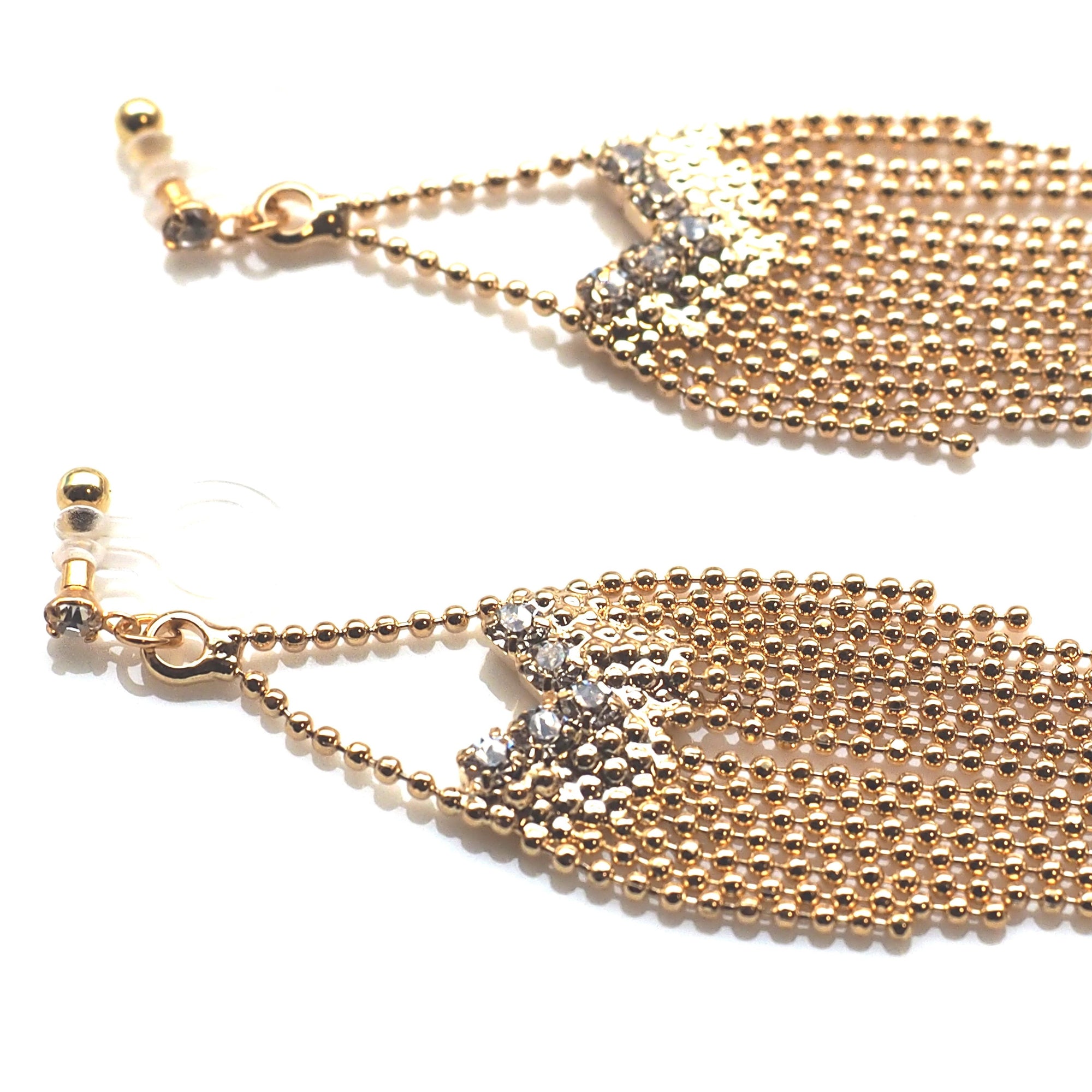 Dangle rhinestone and gold ball chain invisible clip on earrings - miyabigracejewelry.com