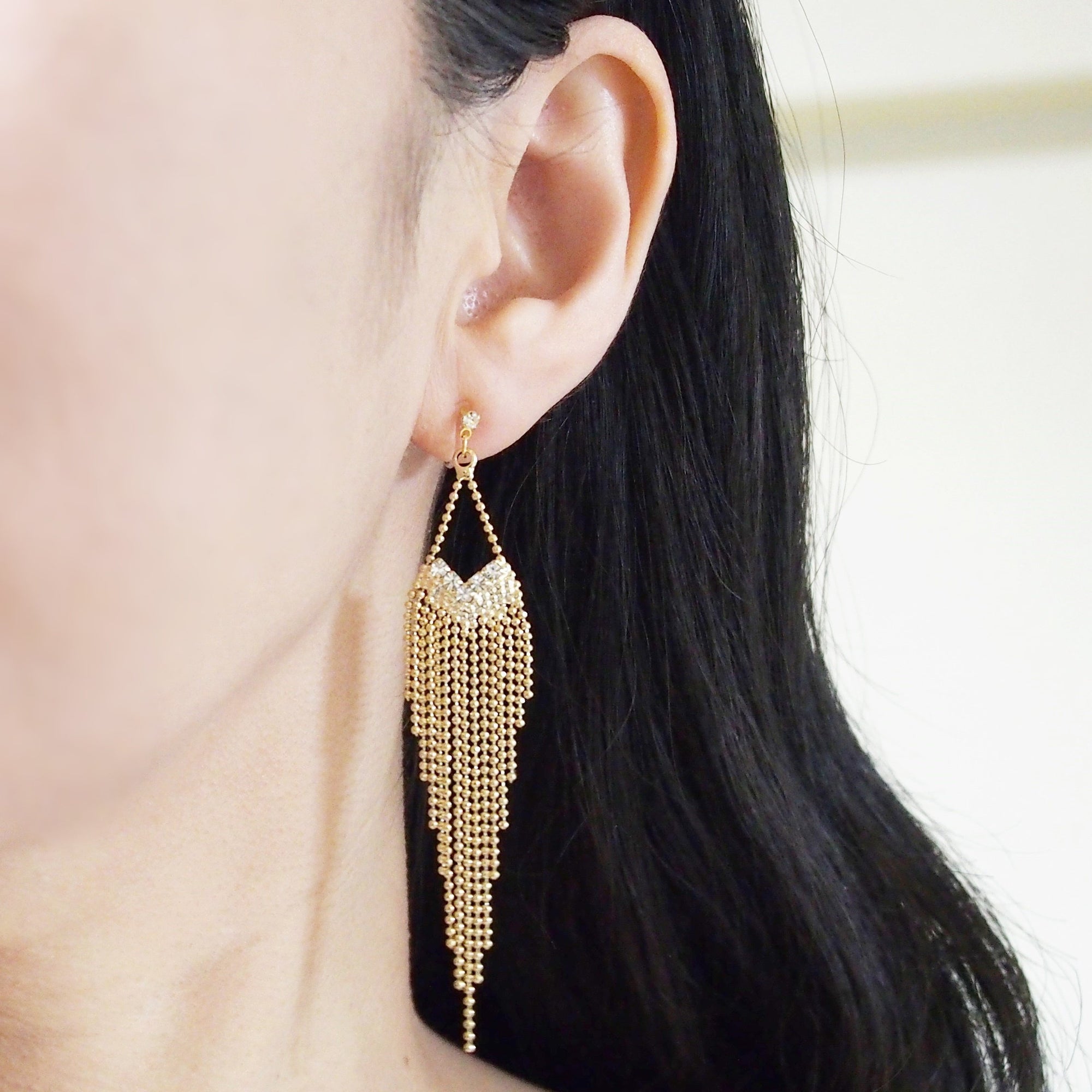 Dangle rhinestone and gold ball chain invisible clip on earrings - miyabigracejewelry.com