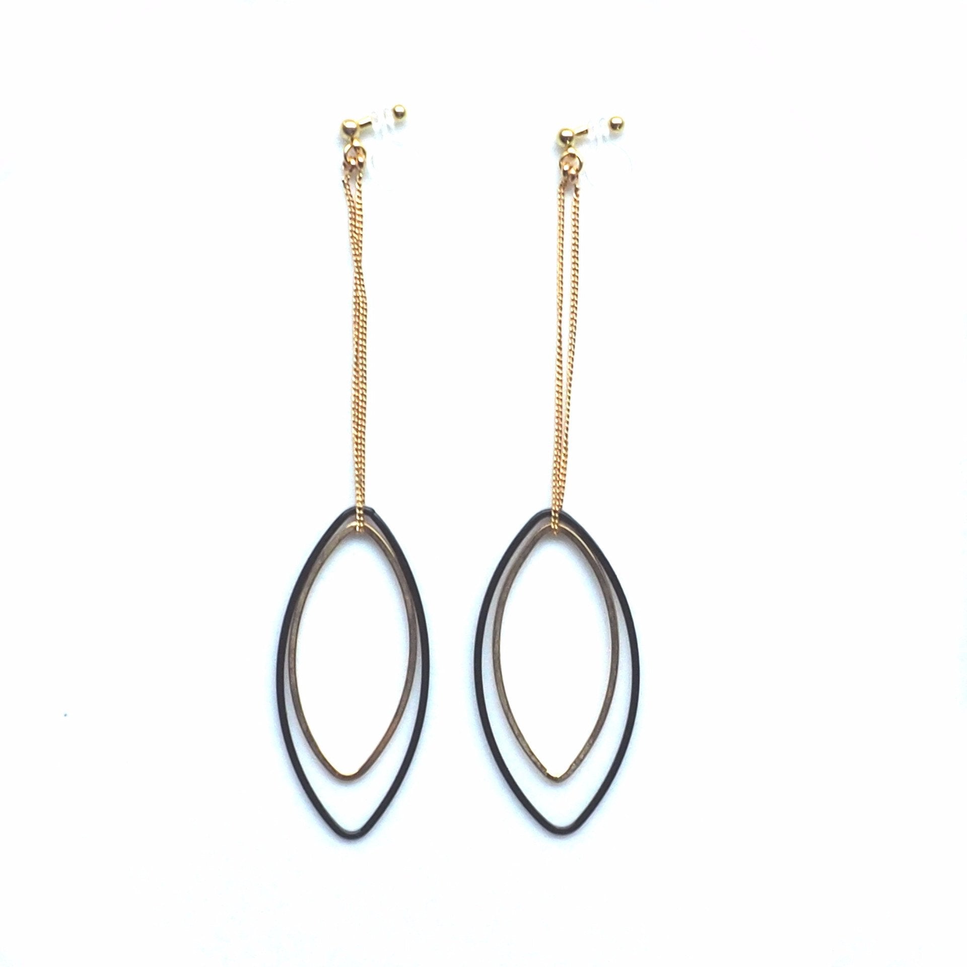 Long gold and black oval hoop invisible clip on earrings - miyabigracejewelry.com