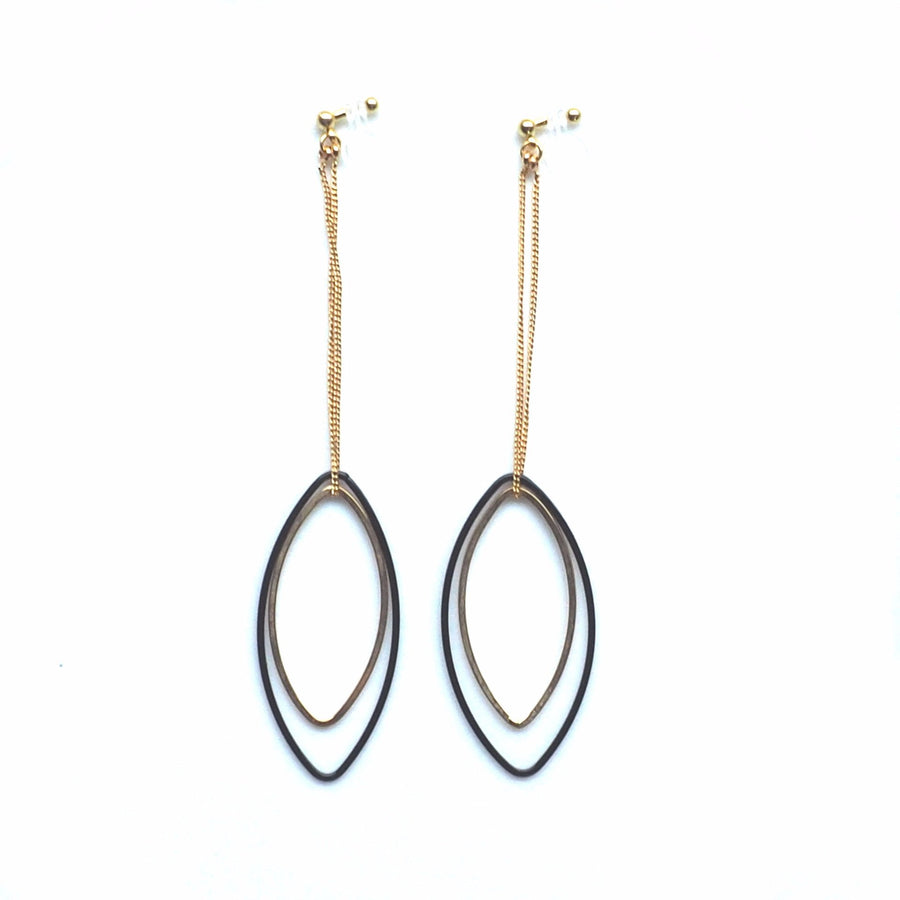 Long gold and black oval hoop invisible clip on earrings - miyabigracejewelry.com
