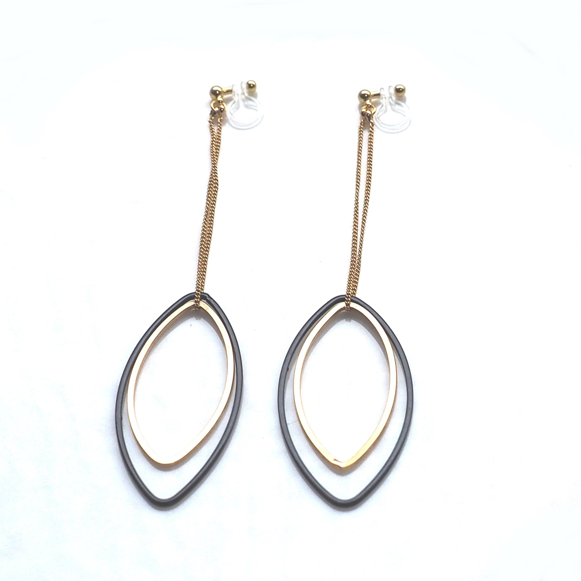 Long gold and black oval hoop invisible clip on earrings - miyabigracejewelry.com