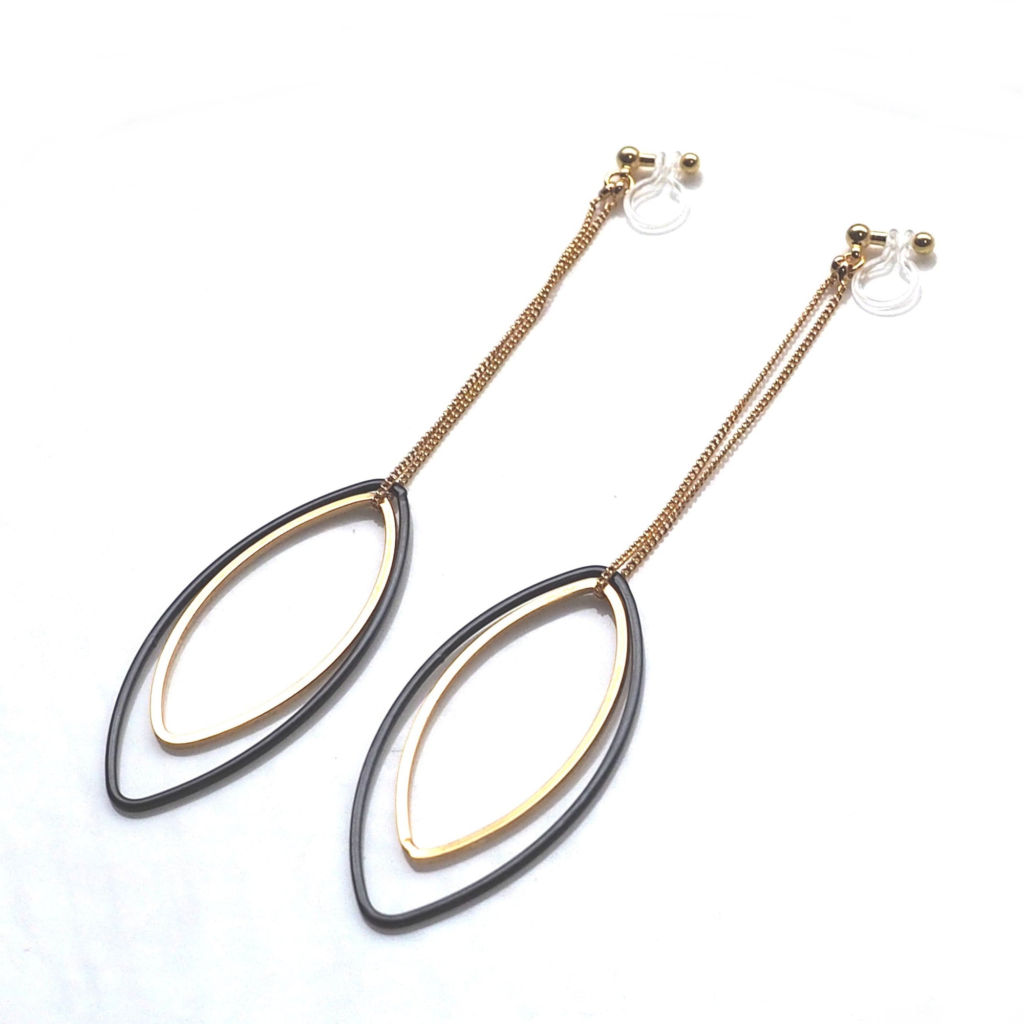 Long gold and black oval hoop invisible clip on earrings - miyabigracejewelry.com