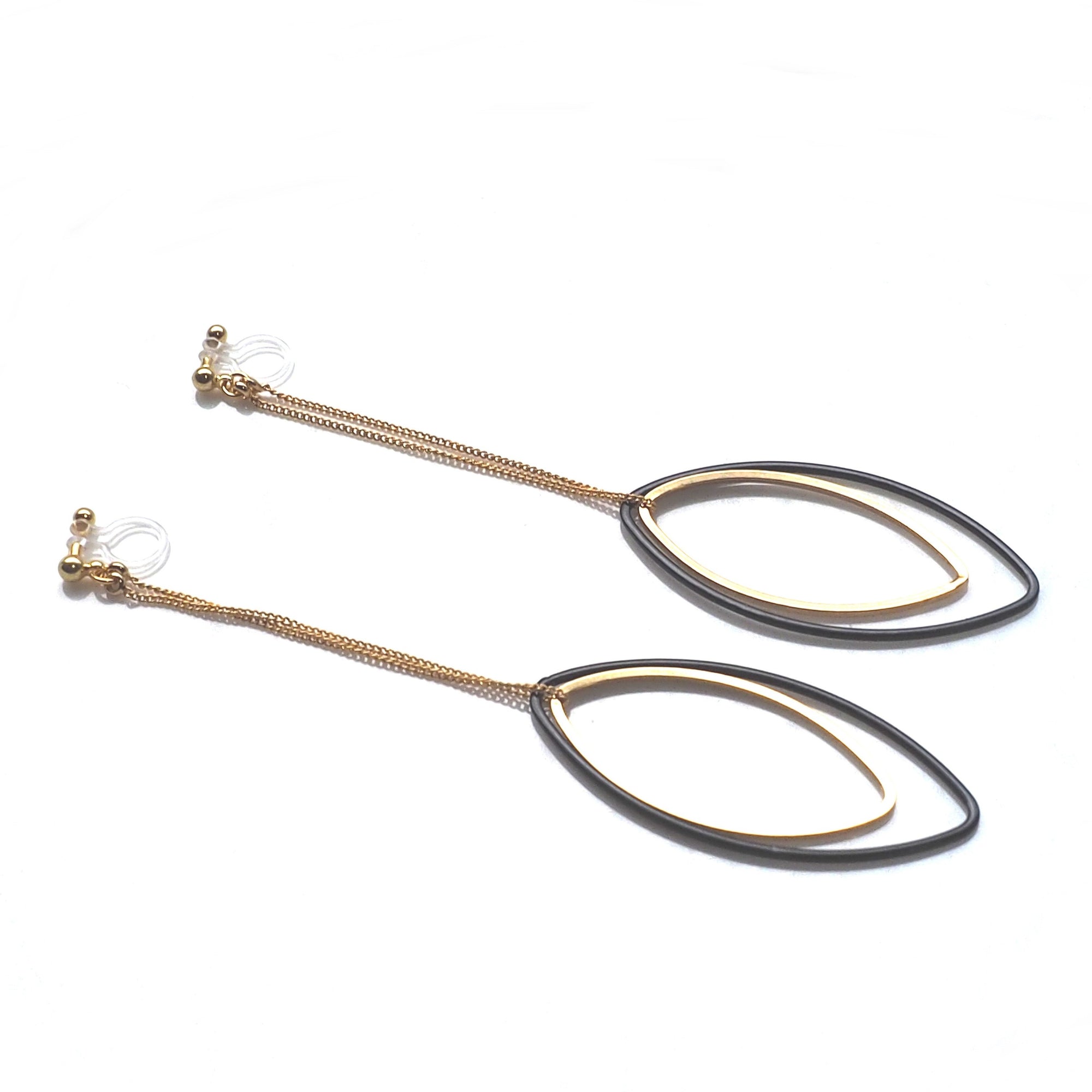 Long gold and black oval hoop invisible clip on earrings - miyabigracejewelry.com