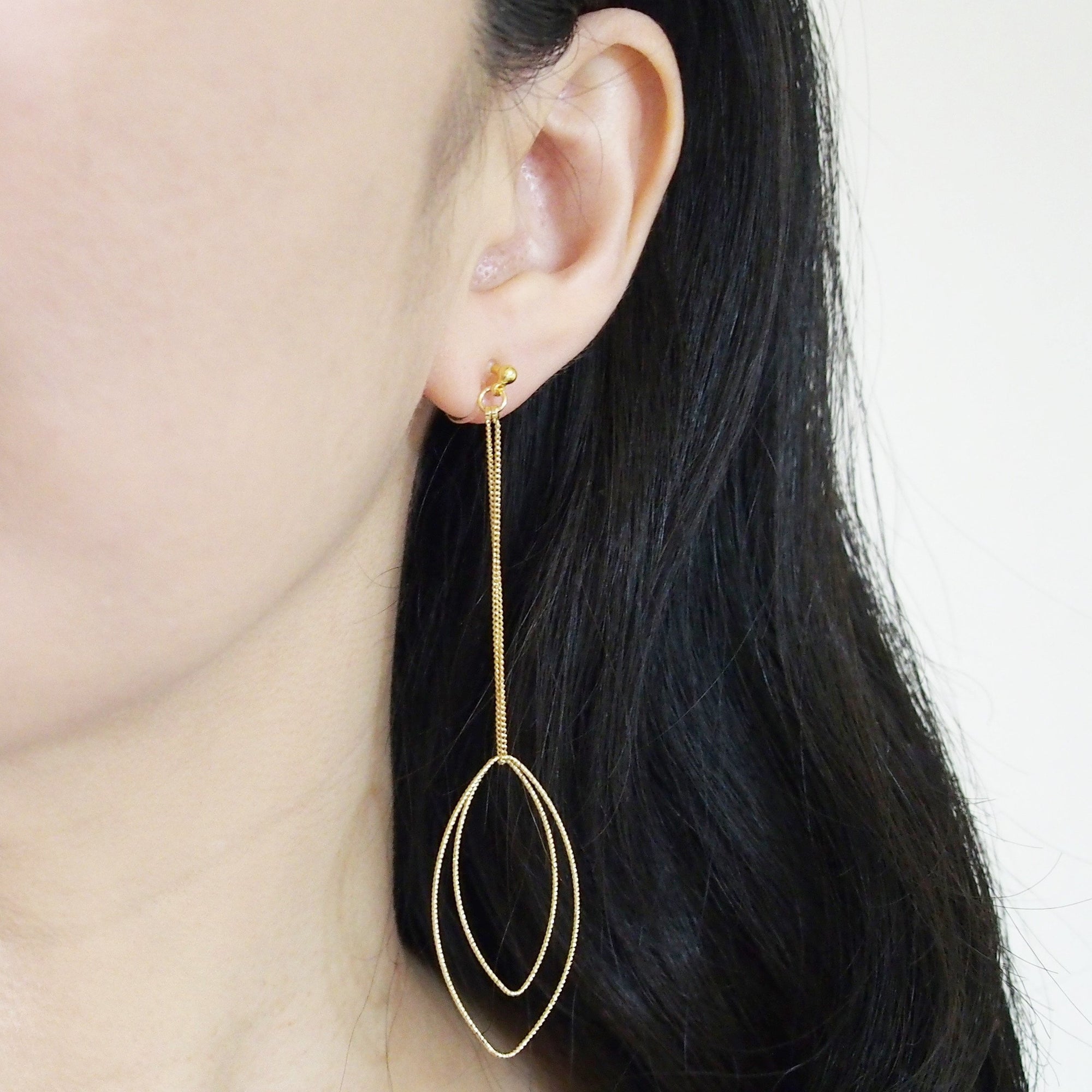 Dangle gold double textured marquise hoop invisible clip on earrings - miyabigracejewelry.com