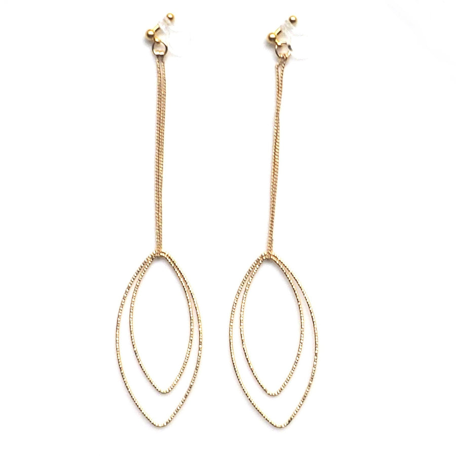 Dangle gold double textured marquise hoop invisible clip on earrings - miyabigracejewelry.com