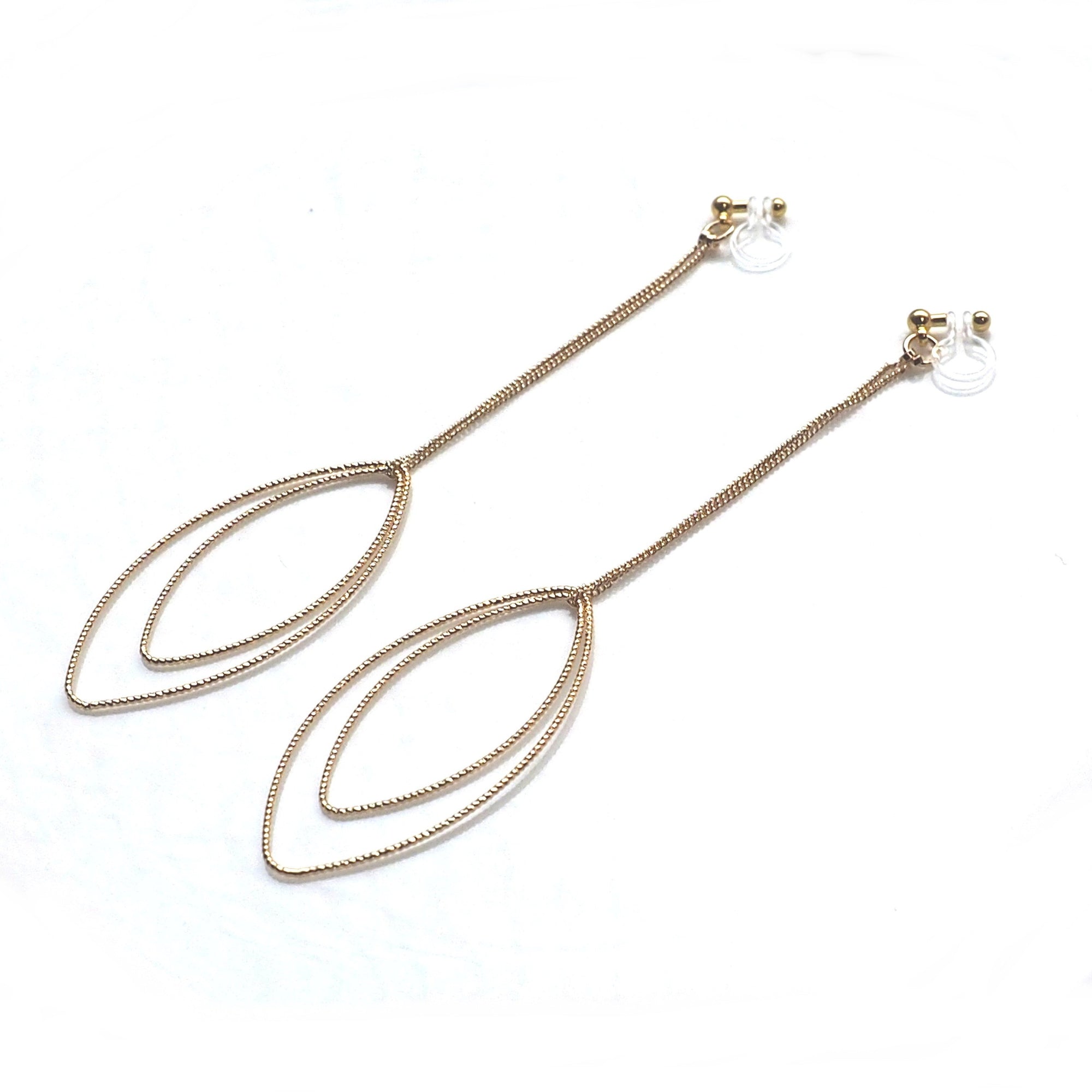 Dangle gold double textured marquise hoop invisible clip on earrings - miyabigracejewelry.com