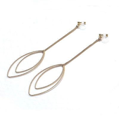 Dangle gold double textured marquise hoop invisible clip on earrings - miyabigracejewelry.com