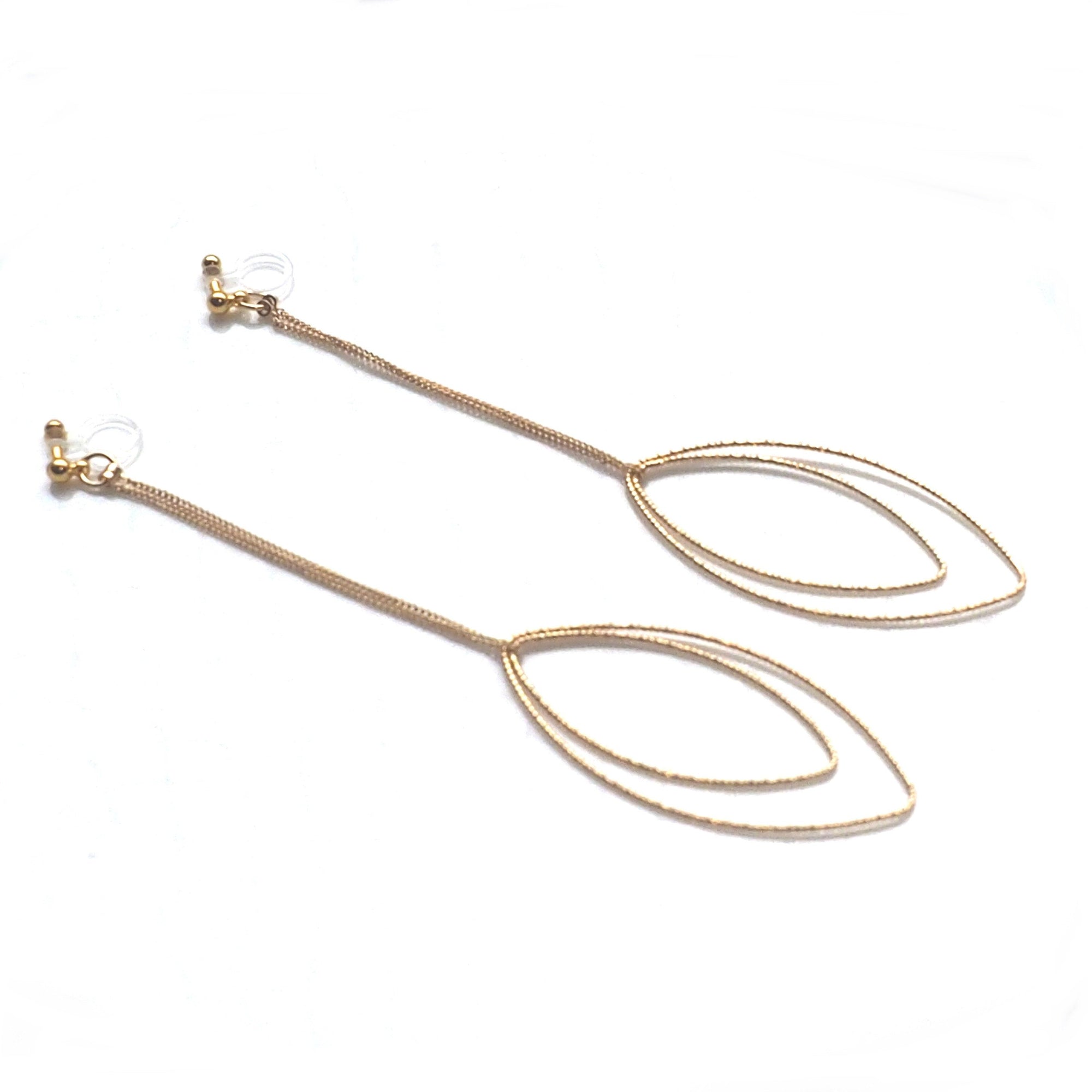 Dangle gold double textured marquise hoop invisible clip on earrings - miyabigracejewelry.com