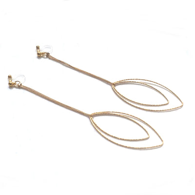 Dangle gold double textured marquise hoop invisible clip on earrings - miyabigracejewelry.com