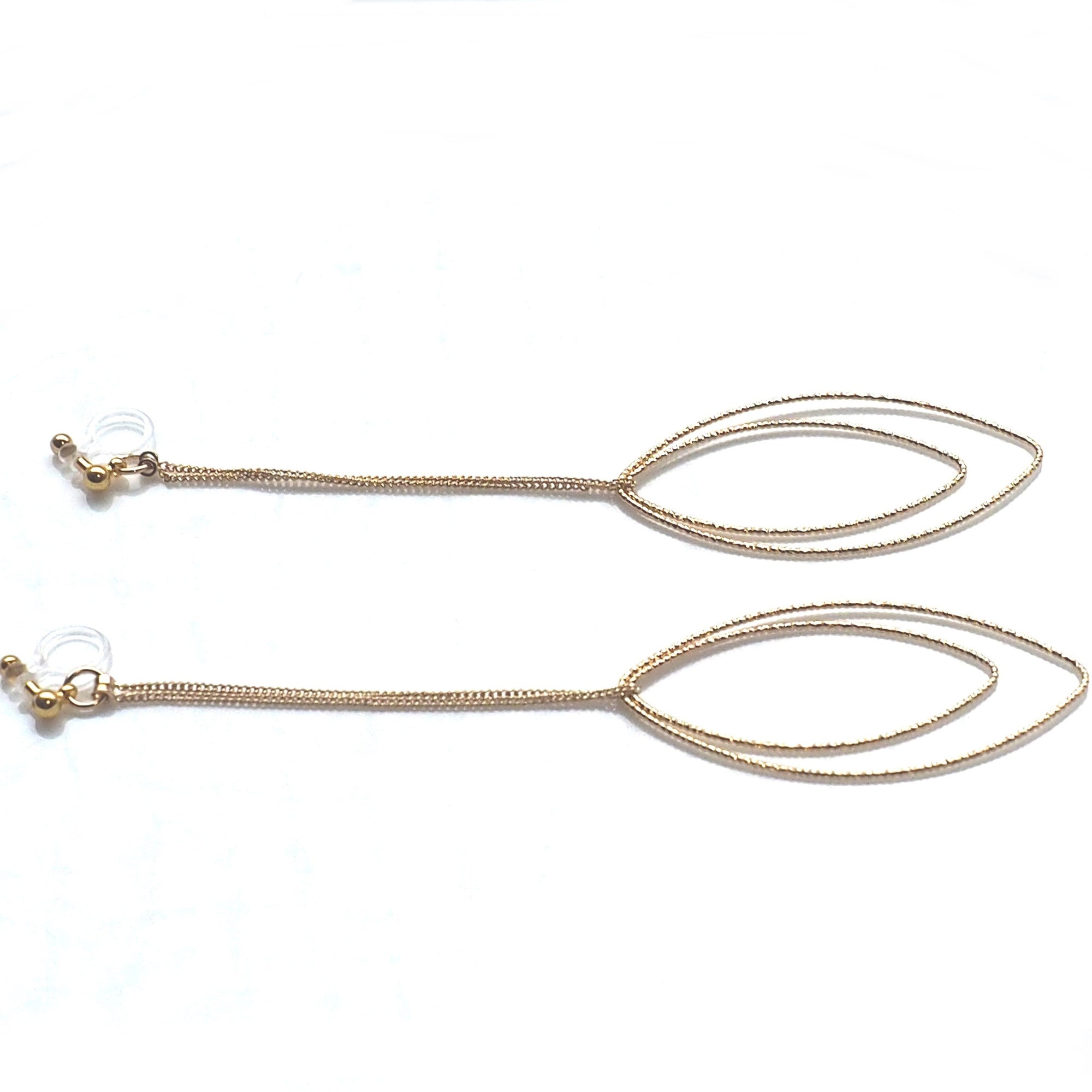 Dangle gold double textured marquise hoop invisible clip on earrings - miyabigracejewelry.com