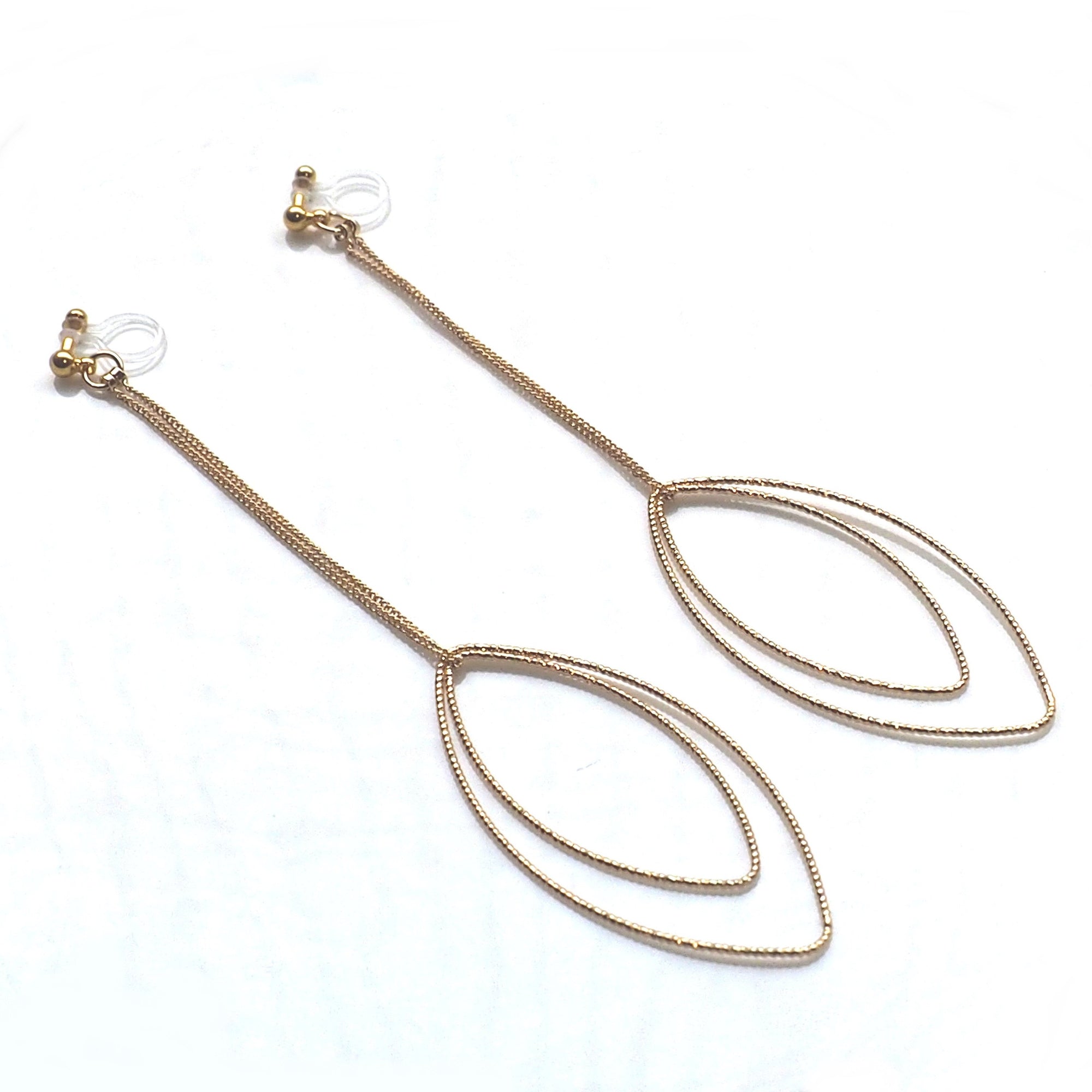 Dangle gold double textured marquise hoop invisible clip on earrings - miyabigracejewelry.com