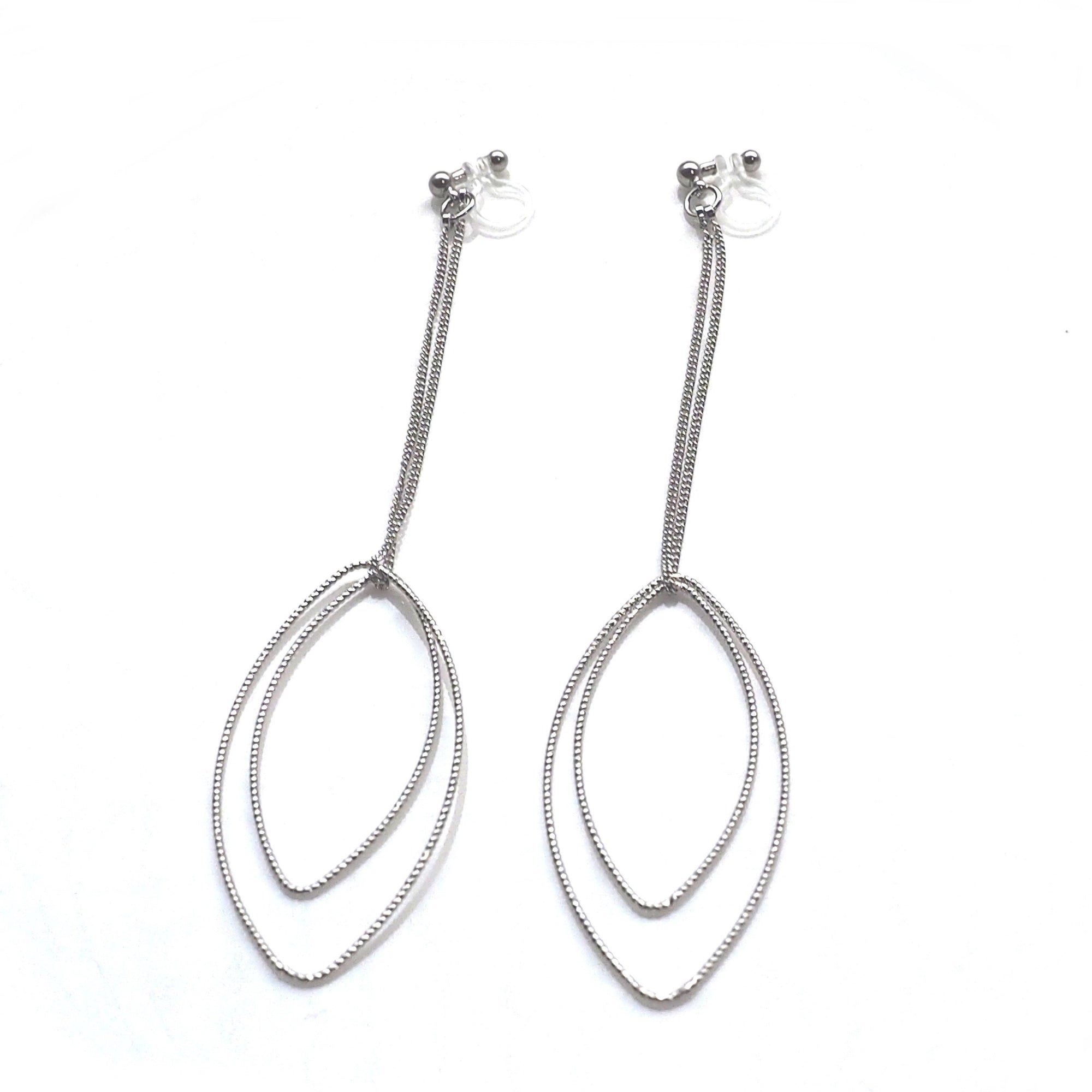 Dangle silver double textured marquise hoop invisible clip on earrings - miyabigracejewelry.com