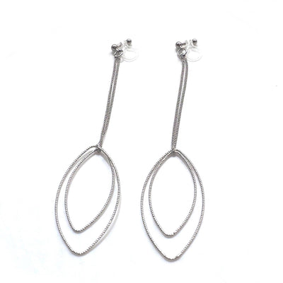Dangle silver double textured marquise hoop invisible clip on earrings - miyabigracejewelry.com