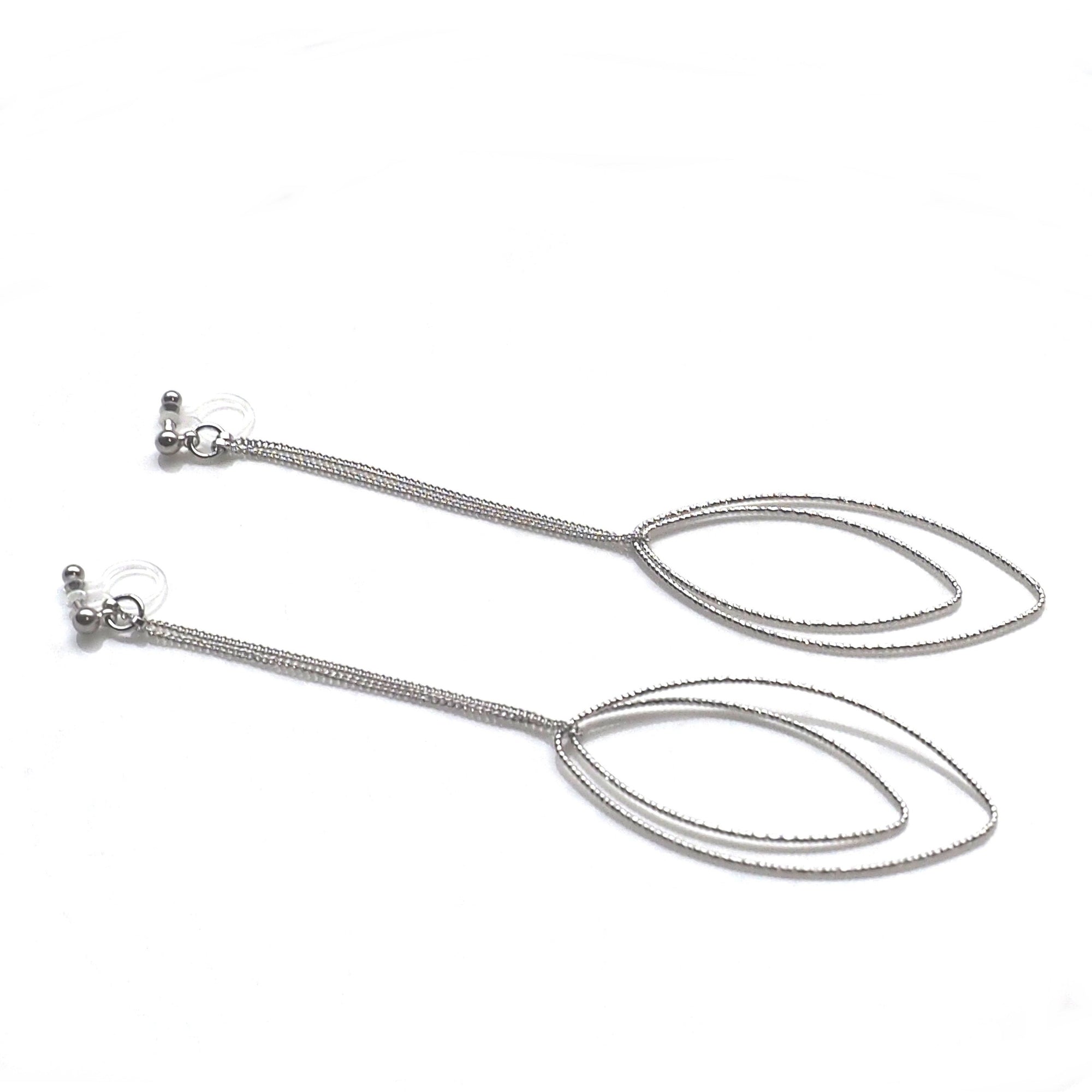 Dangle silver double textured marquise hoop invisible clip on earrings - miyabigracejewelry.com