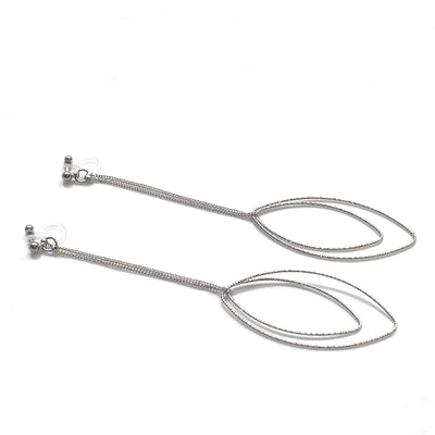 Dangle silver double textured marquise hoop invisible clip on earrings - miyabigracejewelry.com