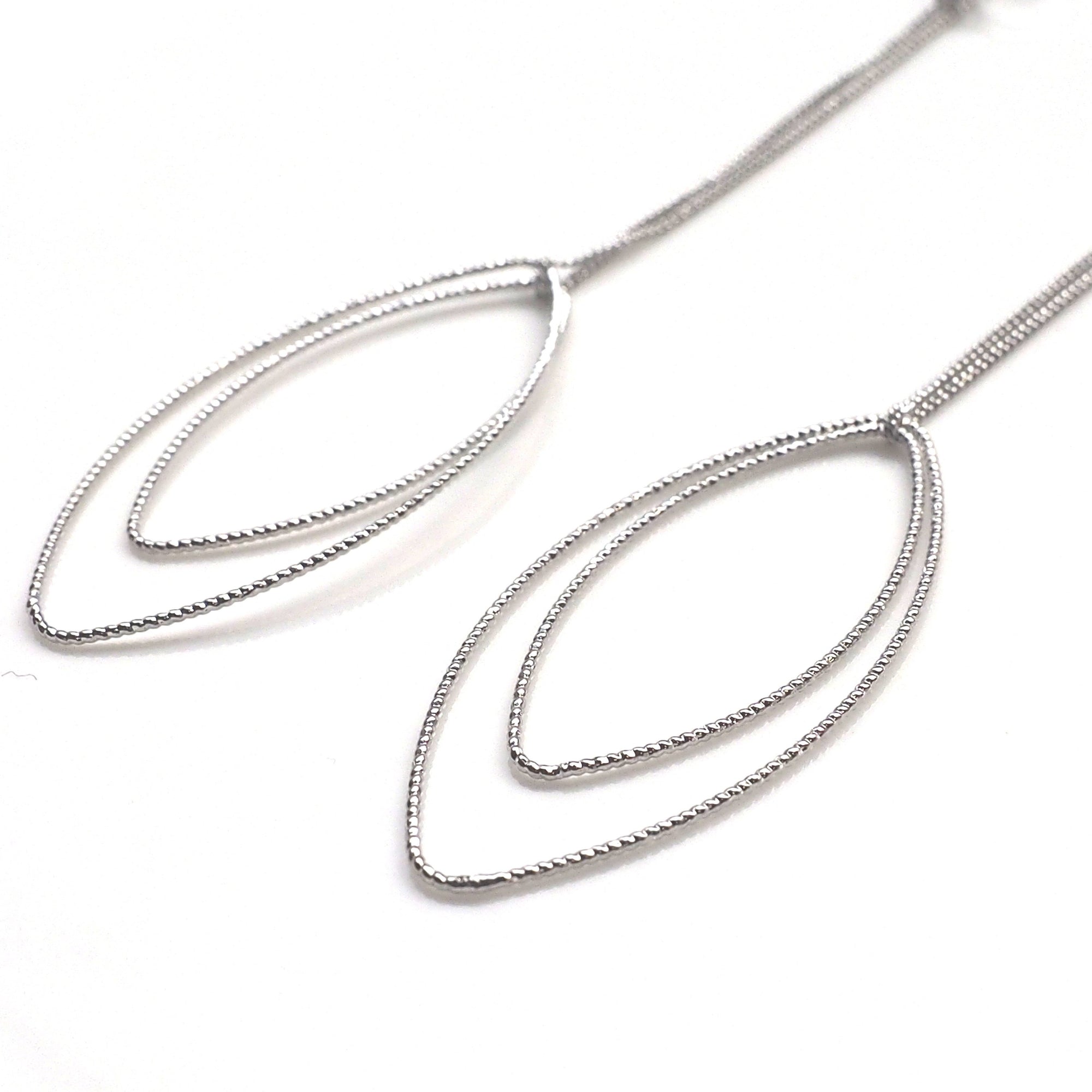 Dangle silver double textured marquise hoop invisible clip on earrings - miyabigracejewelry.com