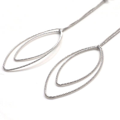 Dangle silver double textured marquise hoop invisible clip on earrings - miyabigracejewelry.com