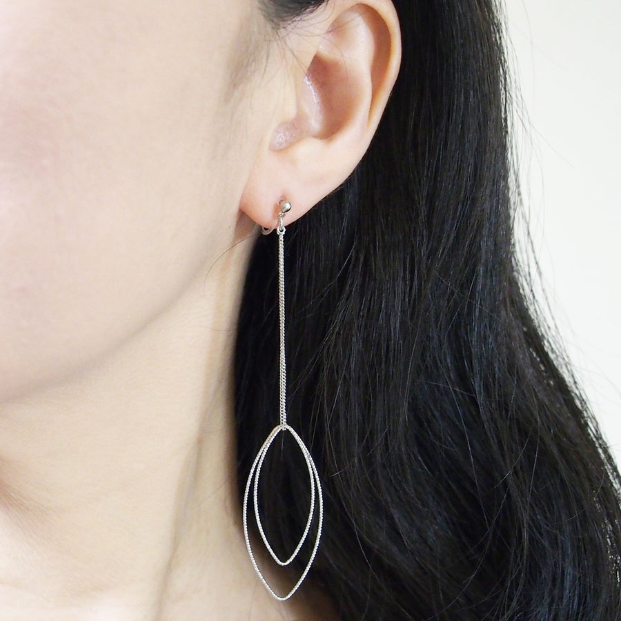 Dangle silver double textured marquise hoop invisible clip on earrings - miyabigracejewelry.com