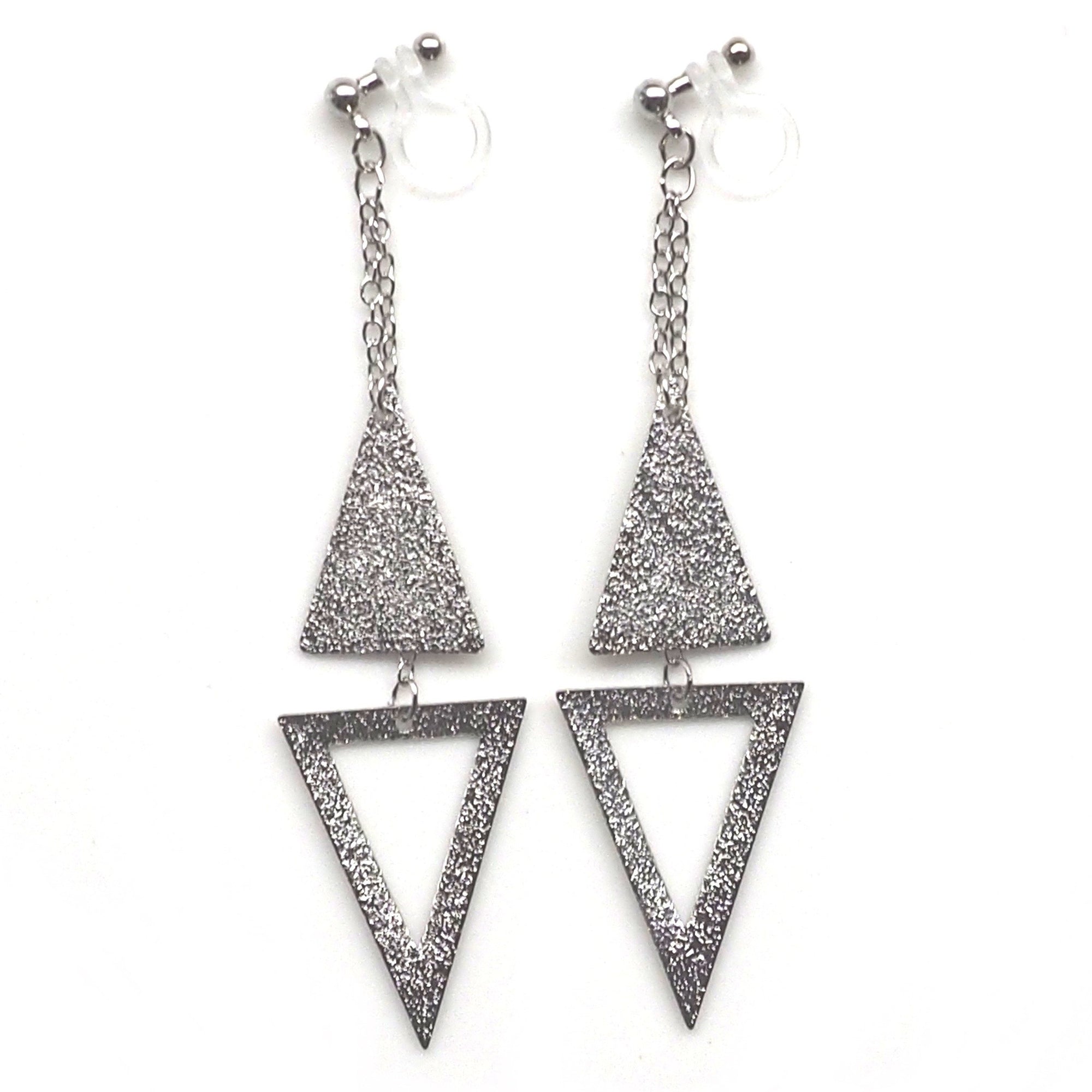 Metallic silver double triangle invisible clip on earrings - miyabigracejewelry.com